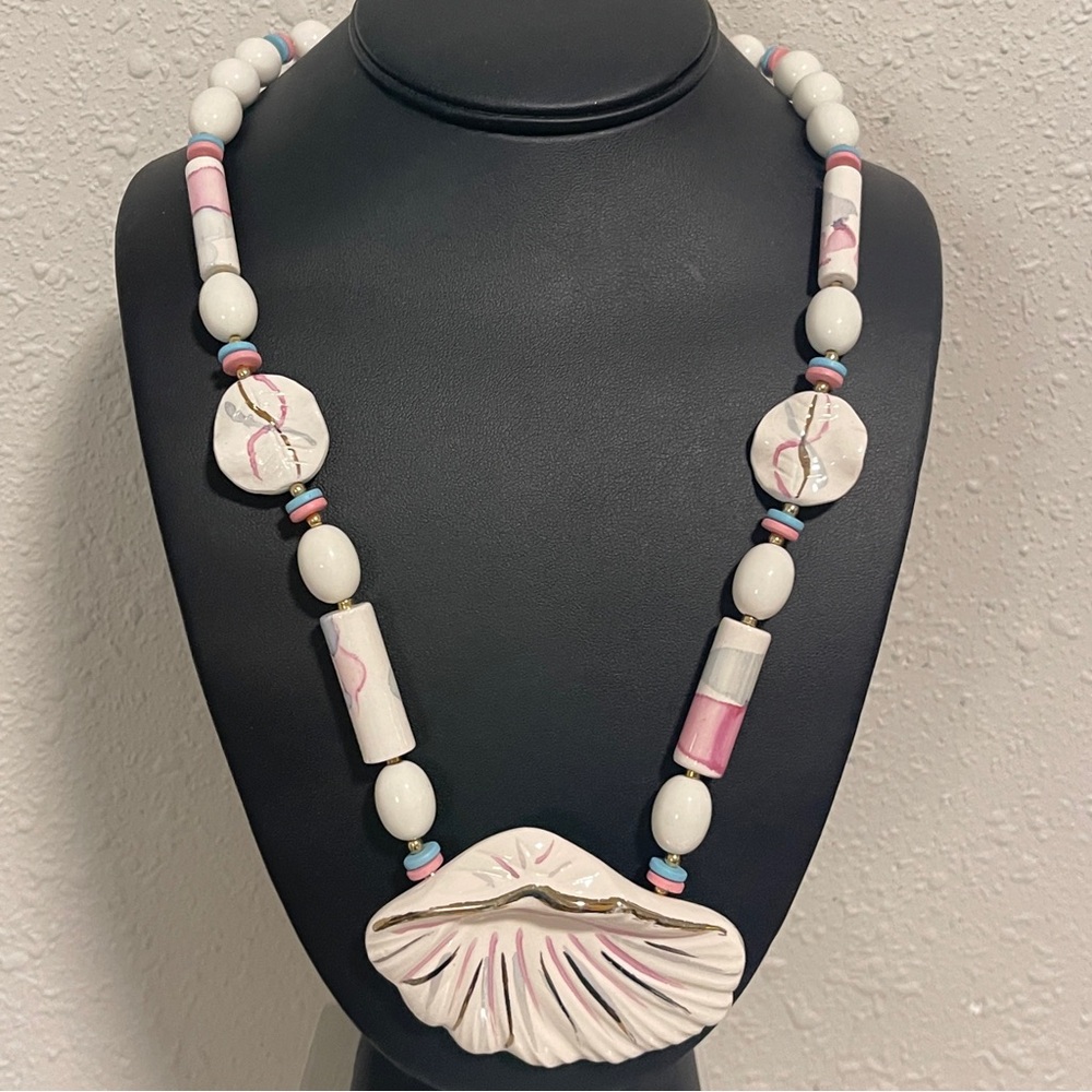 Necklace Porcelain Shell Pendant Artisan Ceramic Bead Statement Piece